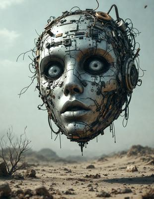The primary subject of the image is a large, intricate metal head with a mix of mechanical and organic elements. The head is surrounded by a barren, rocky landscape, which serves as the setting for the scene. The visual style of the image is a combination of digital art and illustration, creating a unique and captivating representation of the metal head. The dominant colors in the image are shades of gray, black, and white, which contribute to the overall mood of the scene, evoking a sense of mystery and